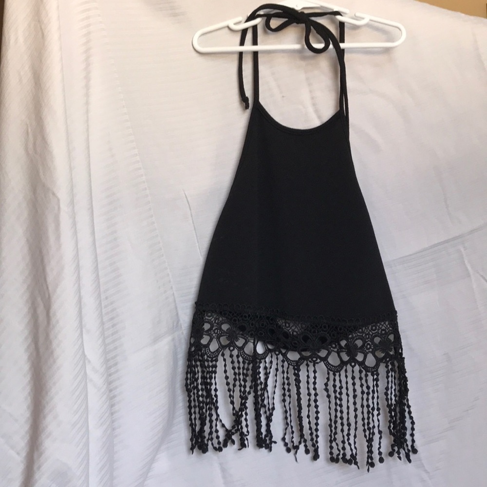 Beach/festival style crop top with lace fringe.
